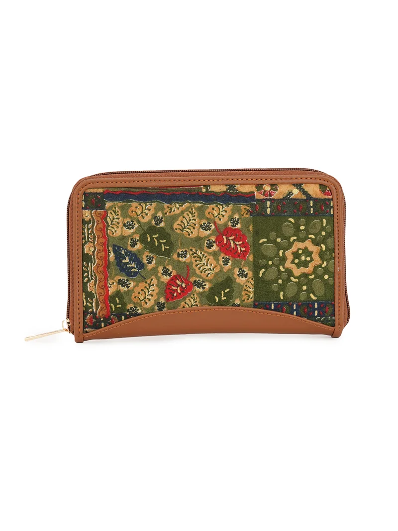 globus Globus Women Brown Vegan Leather Woven Design Floral Print Zip Around Wallet With Zip Coin Pocket